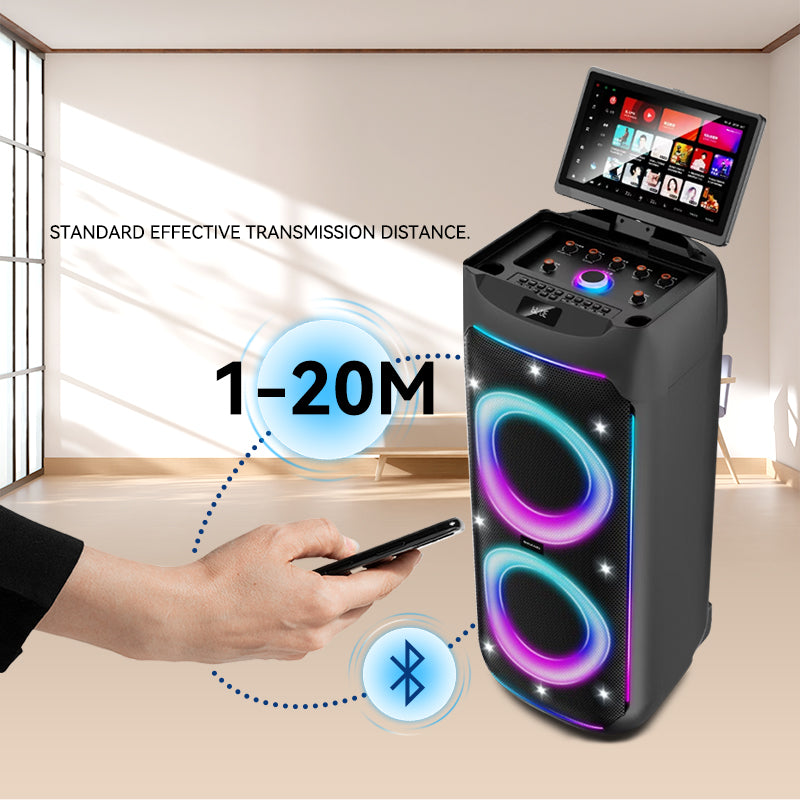 Kit Karaoké Tout-en-Un (2025) | Enceinte Puissante avec 2 Micros Sans Fil Inclus | Compatible avec Tous Vos Écrans (Télé, Phone, Tablet) | Fonctions USB, FM, AUX | Pour Animations Festives (Noir)