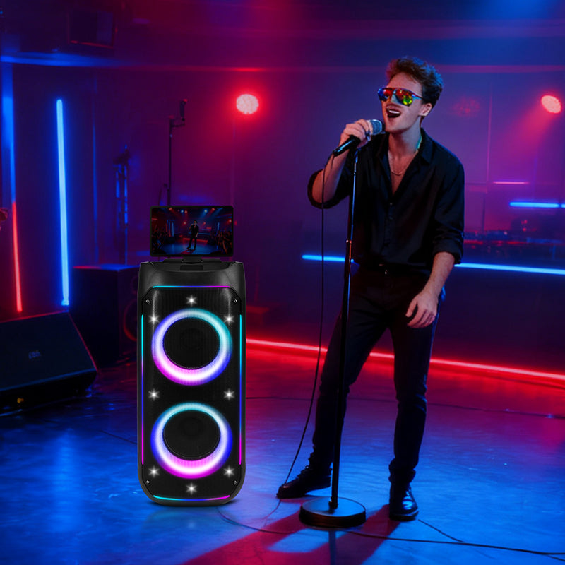Kit Karaoké Tout-en-Un (2025) | Enceinte Puissante avec 2 Micros Sans Fil Inclus | Compatible avec Tous Vos Écrans (Télé, Phone, Tablet) | Fonctions USB, FM, AUX | Pour Animations Festives (Noir)