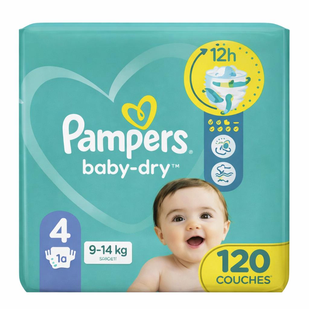 Pampers Couches Bébé Baby-Dry Taille 4, 120 Couches 9-14kg Protection Ultra-Fiable Confort Optimal Sans Parfum Sans Parabène