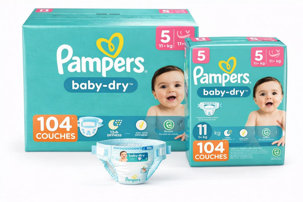 Pampers Baby-Dry Taille 5, 104 Couches (11-16kg) - Absorption Jusqu'à 12 Heures, Protection Triple, Confort Optimal et Respiration