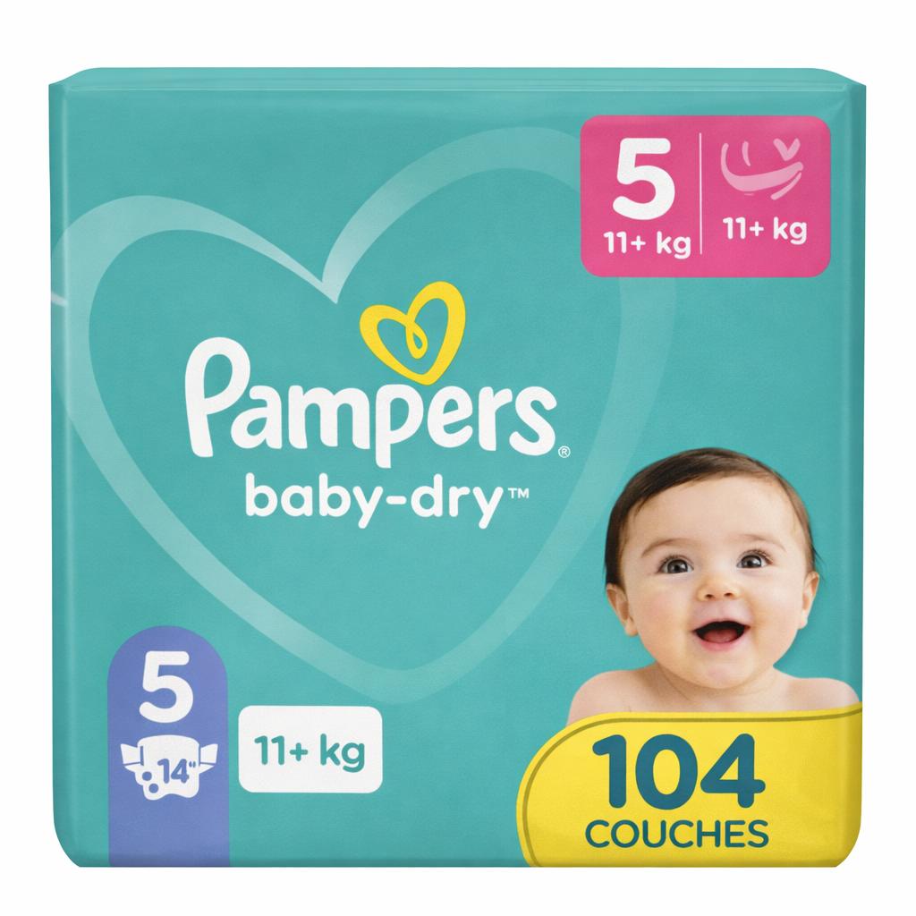 Pampers Baby-Dry Taille 5, 104 Couches (11-16kg) - Absorption Jusqu'à 12 Heures, Protection Triple, Confort Optimal et Respiration