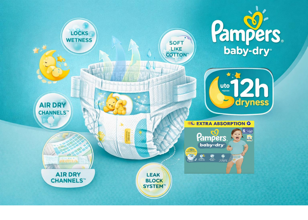Pampers Baby-Dry Taille 5, 104 Couches (11-16kg) - Absorption Jusqu'à 12 Heures, Protection Triple, Confort Optimal et Respiration