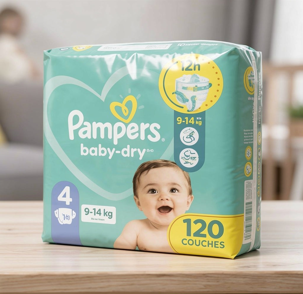 Pampers Couches Bébé Baby-Dry Taille 4, 120 Couches 9-14kg Protection Ultra-Fiable Confort Optimal Sans Parfum Sans Parabène