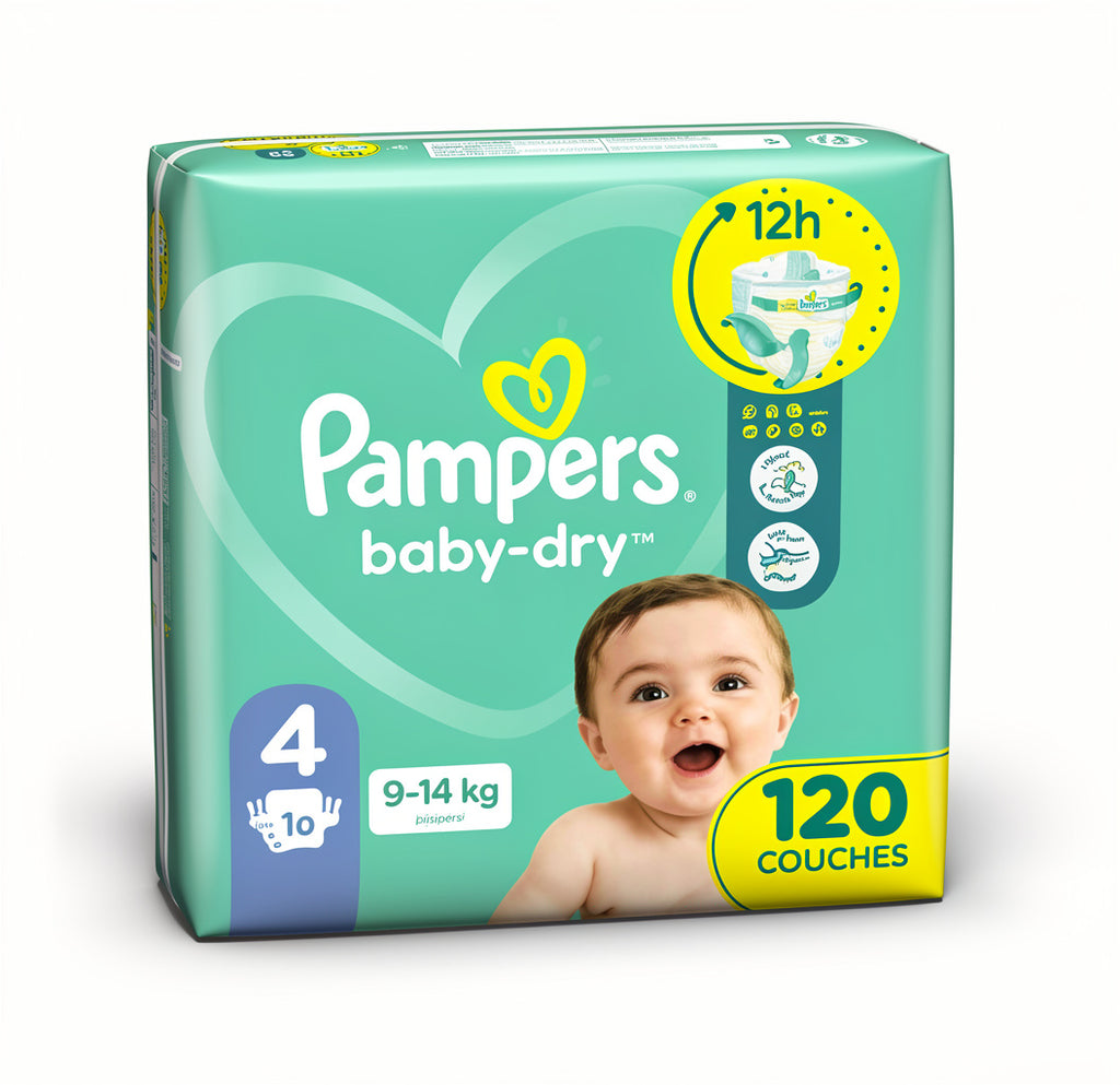 Pampers Couches Bébé Baby-Dry Taille 4, 120 Couches 9-14kg Protection Ultra-Fiable Confort Optimal Sans Parfum Sans Parabène
