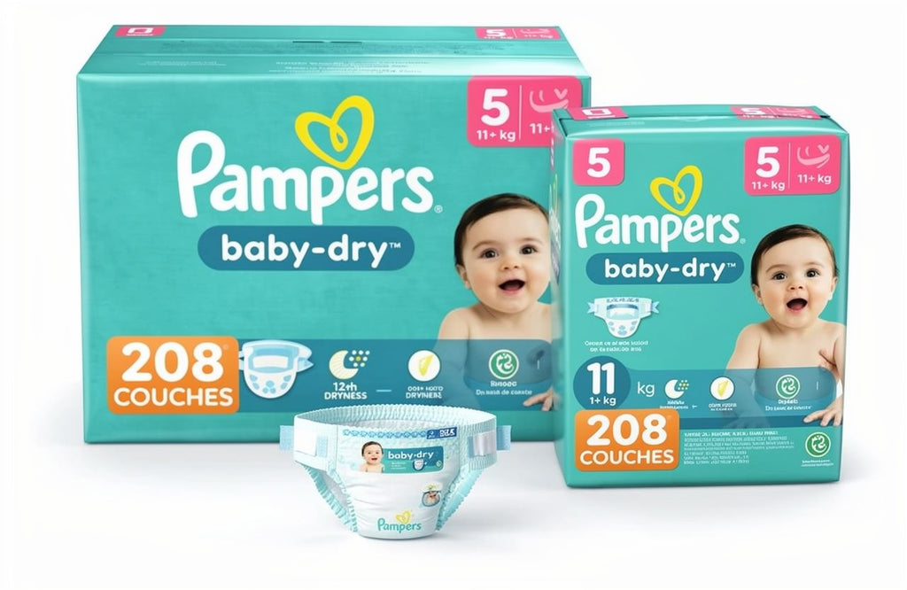 PAMPERS COUCHES BÉBÉ BABY-DRY TAILLE 5, 208 COUCHES (11-16kg)