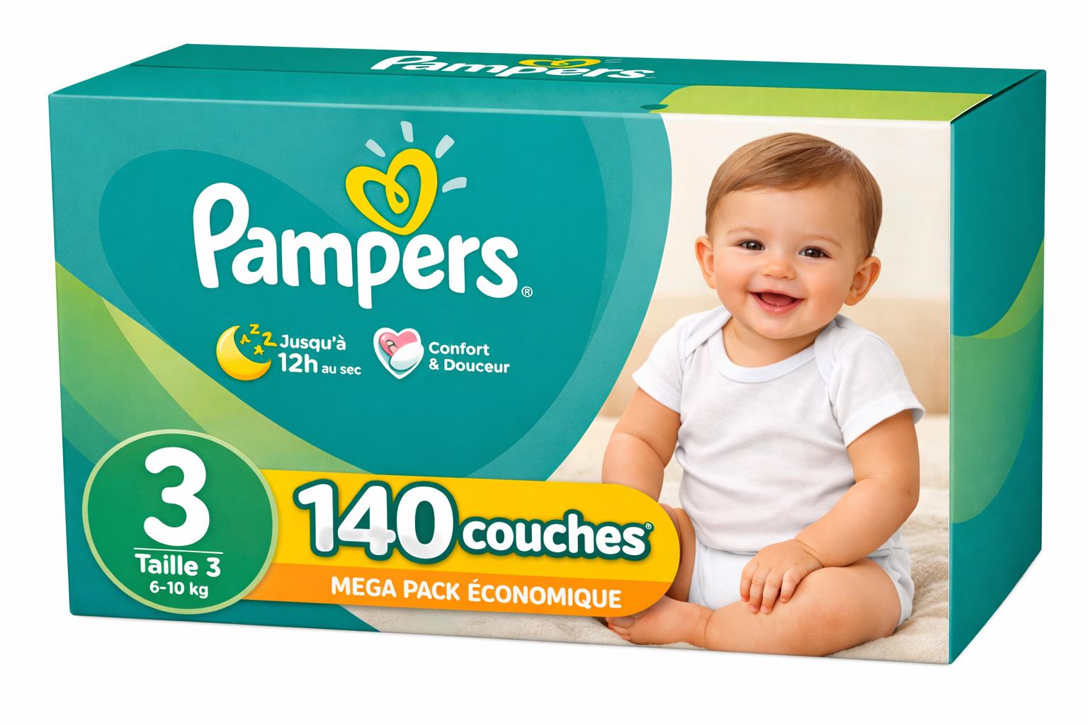 PAMPERS COUCHES BÉBÉ BABY-DRY TAILLE 3, 140 COUCHES (6-10 kg)