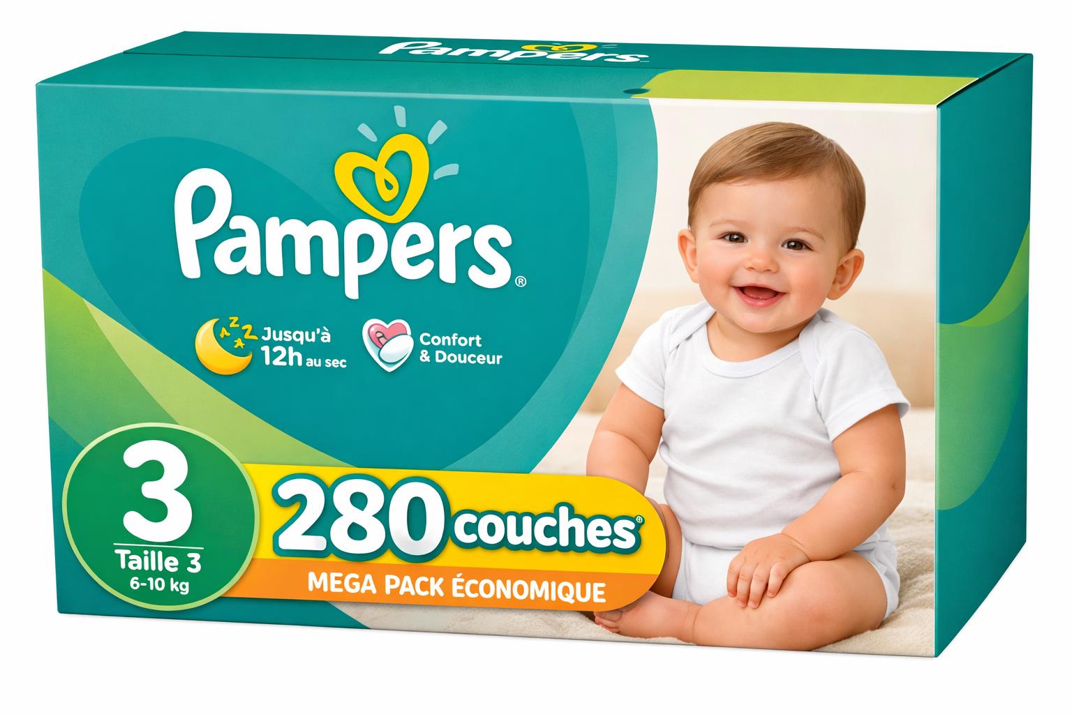 PAMPERS COUCHES BÉBÉ BABY-DRY TAILLE 3, 280 COUCHES (6-10 kg)