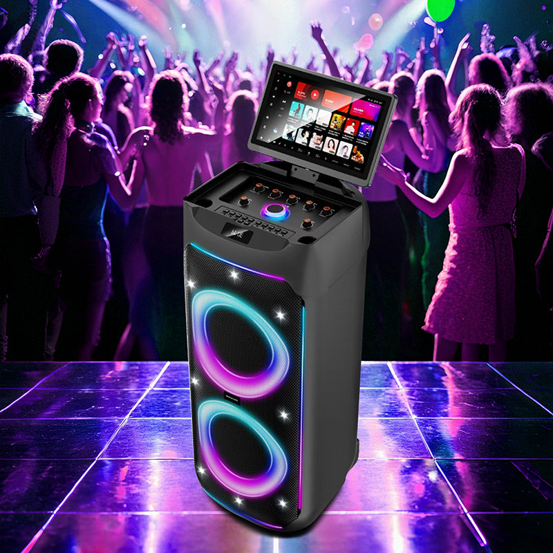 Kit Karaoké Tout-en-Un (2025) | Enceinte Puissante avec 2 Micros Sans Fil Inclus | Compatible avec Tous Vos Écrans (Télé, Phone, Tablet) | Fonctions USB, FM, AUX | Pour Animations Festives (Noir)