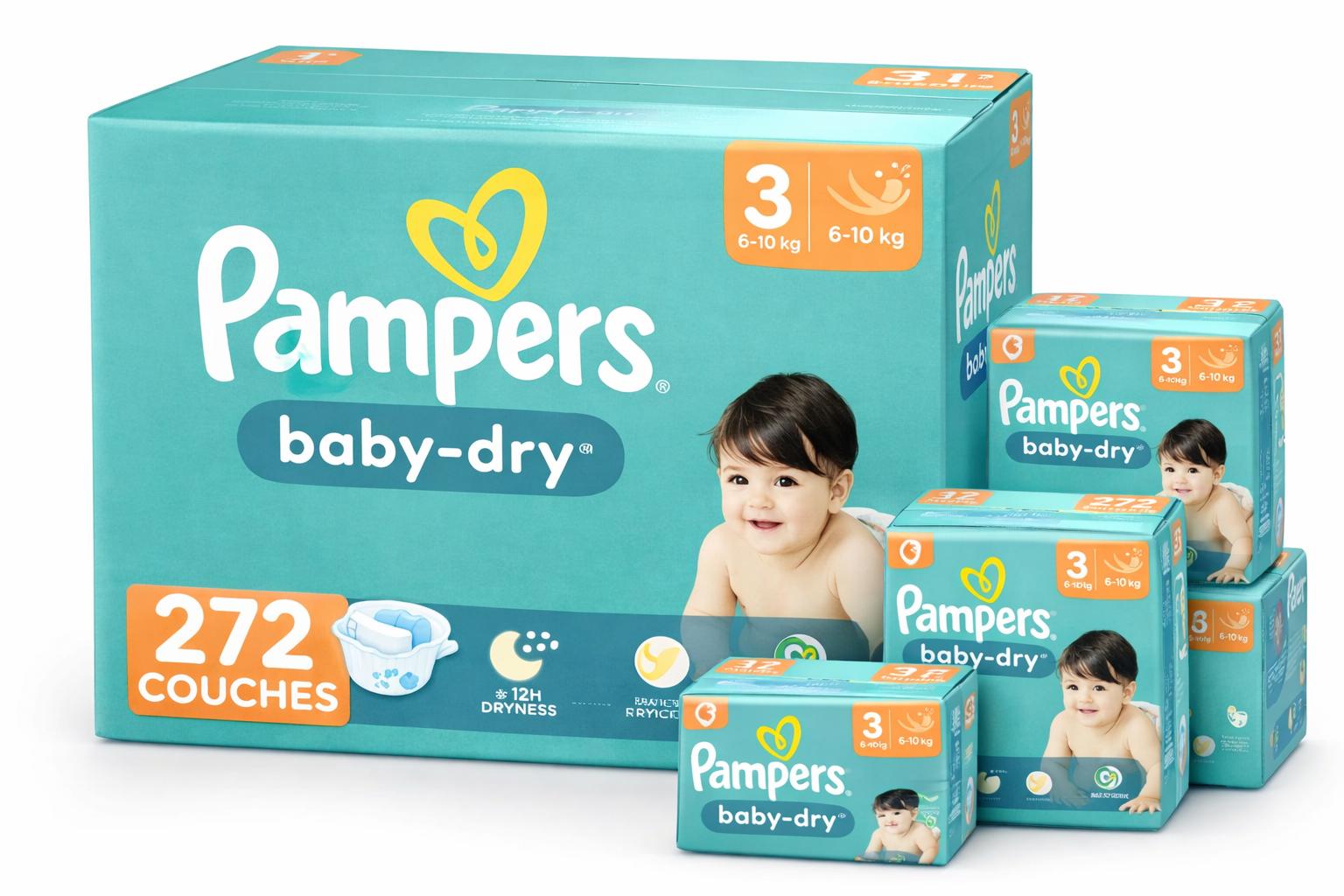 PAMPERS COUCHES BÉBÉ BABY-DRY TAILLE 3, 272 COUCHES (6-10 kg)