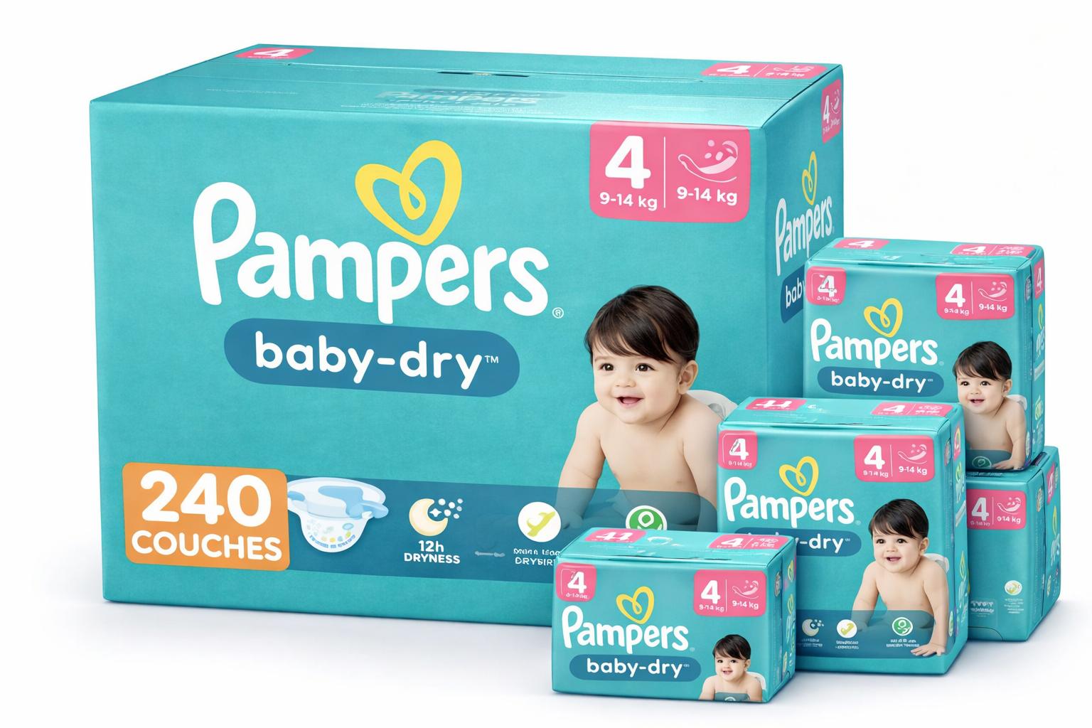 PAMPERS COUCHES BÉBÉ BABY-DRY TAILLE 4, 240 COUCHES (9-14kg)