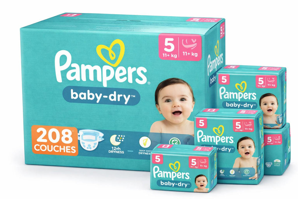 PAMPERS COUCHES BÉBÉ BABY-DRY TAILLE 5, 208 COUCHES (11-16kg)