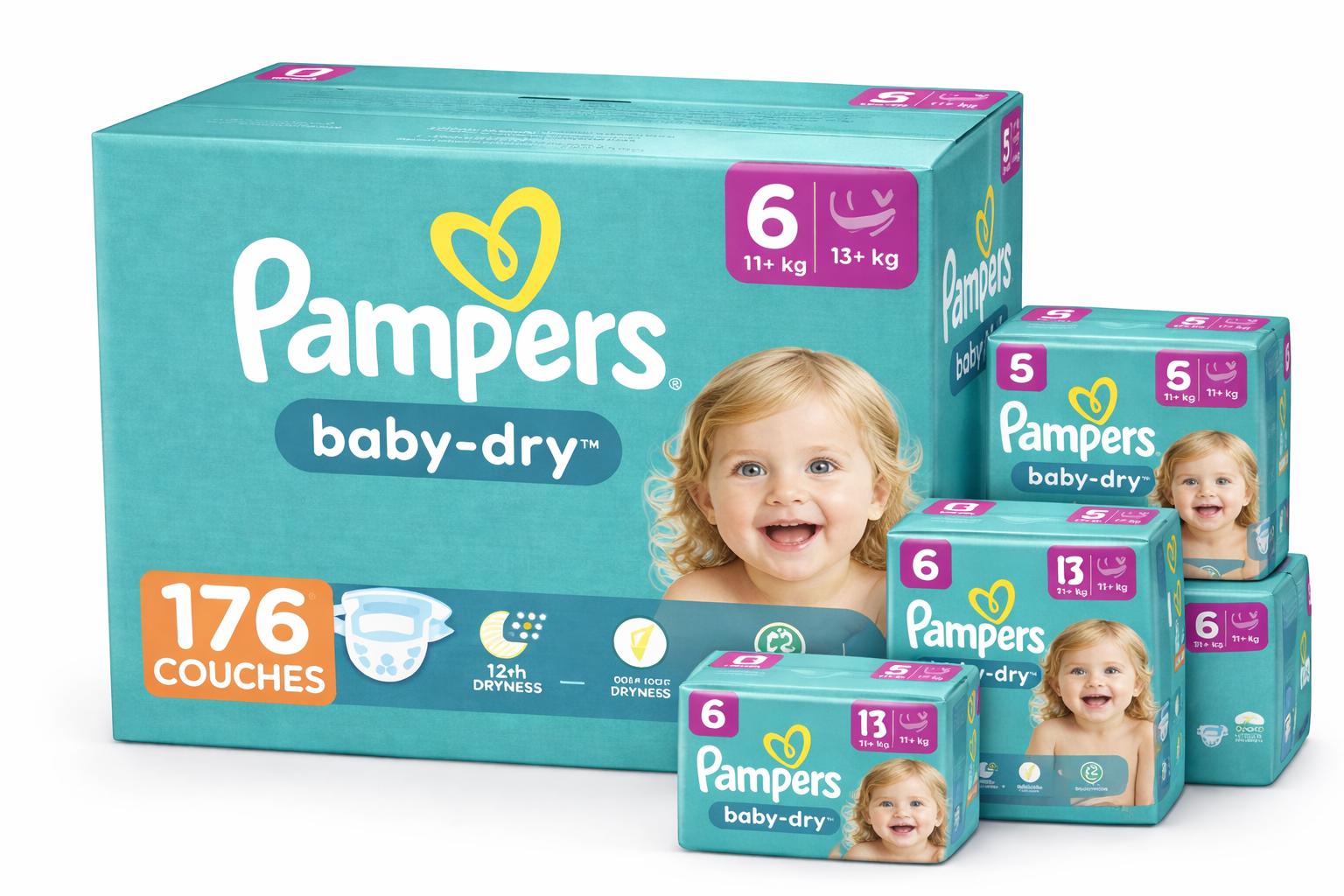 PAMPERS COUCHES BÉBÉ BABY-DRY TAILLE 6, 176 COUCHES (13-18kg)